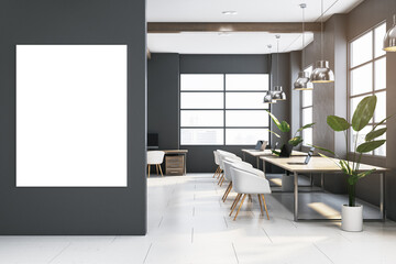 Modern spacious wooden and concrete coworking office interior with empty white mock up banner on wall, panoramic windows and city view, dark walls. Workplace concept. 3D Rendering.