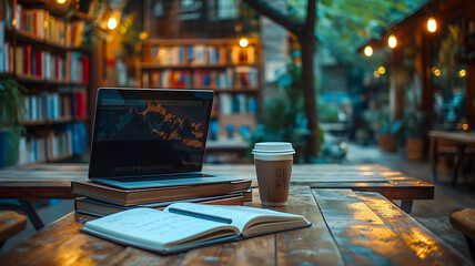 Al Fresco Study Session Rustic Outdoor Café with Laptop and Coffee