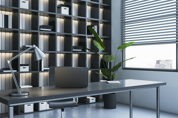 Clean office with shelves or library interior with workplace, window and city view. 3D Rendering.