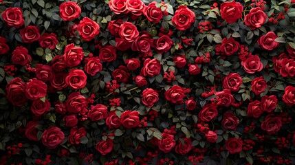 Natural flower wall background featuring stunning red roses, suitable for Valentine's Day, Women's Day, and Mother's Day celebrations.