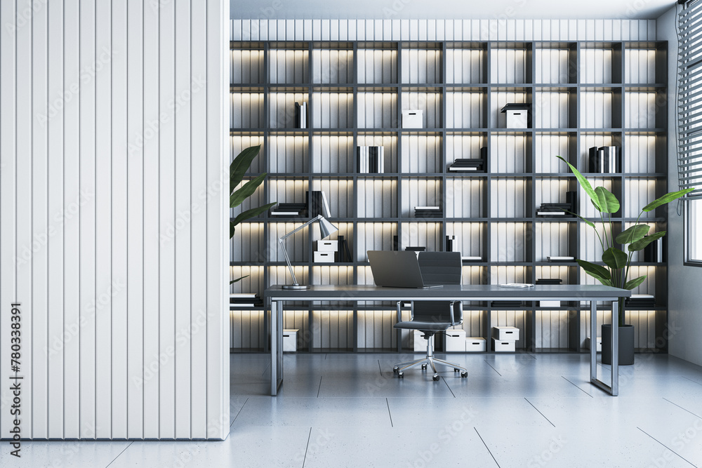 Poster modern office with shelves or library interior with workplace and mock up place on wall. 3d renderin