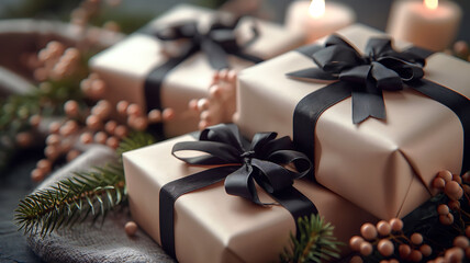 Elegant Christmas Presents with Black Ribbons