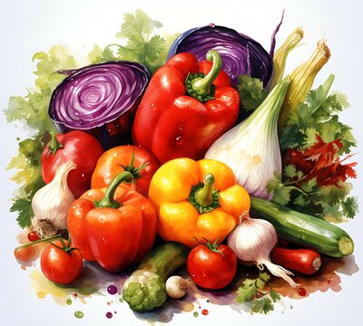 Bright watercolor painting of fresh vegetables, ideal for culinary themes, Perfect for Poster, Cards, Pattern Designs