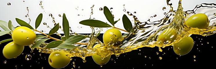 Dynamic splash of olive oil with whole olives and leaves