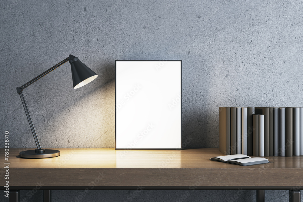 Poster modern concrete workplace with lamp, books and white mock up banner. workspace close up. 3d renderin