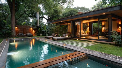 Luxurious Modern Home with Outdoor Pool at Twilight - obrazy, fototapety, plakaty