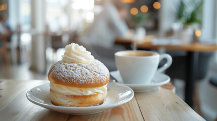 Semla with whipped cream and powdered sugar on a plate next to a cup of coffee on a wooden table