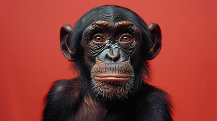 a Bonobo Grunting, studio shot, against solid color background, hyperrealistic photography, blank space for writing