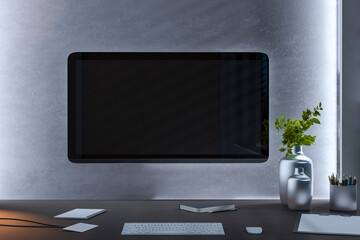 Modern workspace with large computer monitor, desk accessories, and a plant on a dark wooden desk, with a concrete background. 3D Rendering