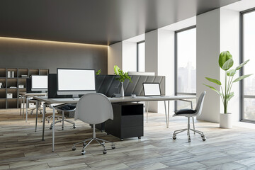 Modern office interior with computers on desks, large windows, and clean floor, showcasing a corporate workplace design on an urban background. 3D Rendering