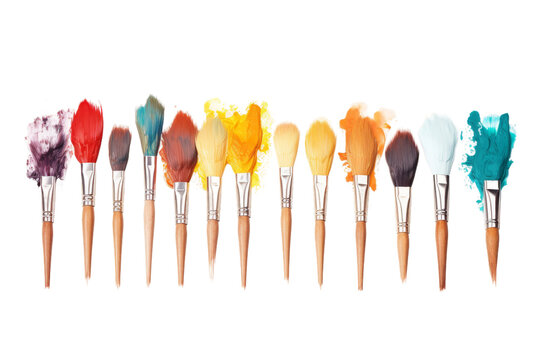 Row of Colorful Paint Brushes. On a White or Clear Surface PNG Transparent Background.