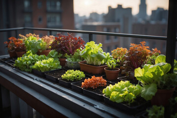 Vielfältige Salatsorten in urbaner Gartenkunst auf einem Balkon bei Sonnenuntergang - Frische und Farbe in der Stadtwohnung
