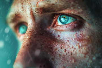 Close-up of a man's face with superimposed redness, itching, and watery eyes, depicting allergic rhinitis triggered by environmental factors. - obrazy, fototapety, plakaty