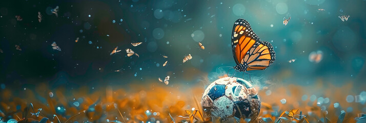 a Butterfly playing with football beautiful animal photography like living creature - obrazy, fototapety, plakaty
