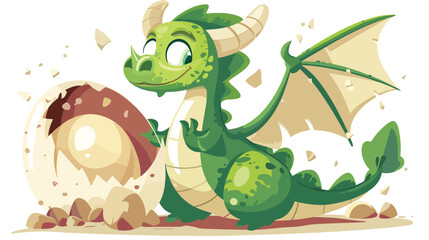 Green dragon is geting out of egg illustration vector - obrazy, fototapety, plakaty