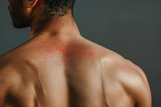 Overlay of a man's back with raised, red welts, demonstrating an allergic reaction to insect stings or bites causing localized swelling.