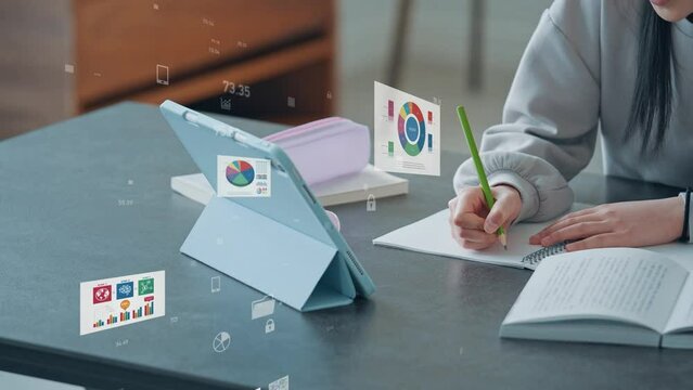 Statistical data concept with girl studying while looking at tablet