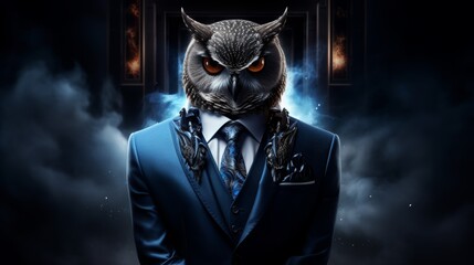 An owl, symbolizing wisdom, stands in a full-length business suit against a dark, mysterious backdrop, epitomizing authority and elegance, Futuristic - obrazy, fototapety, plakaty