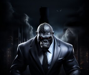 Capturing the dignified presence of a gorilla in a tailored business suit, against a dark and enigmatic background, evoking authority and grace, Futuristic - obrazy, fototapety, plakaty