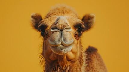 a Camel Spitting, studio shot, against solid color background, hyperrealistic photography, blank space for writing