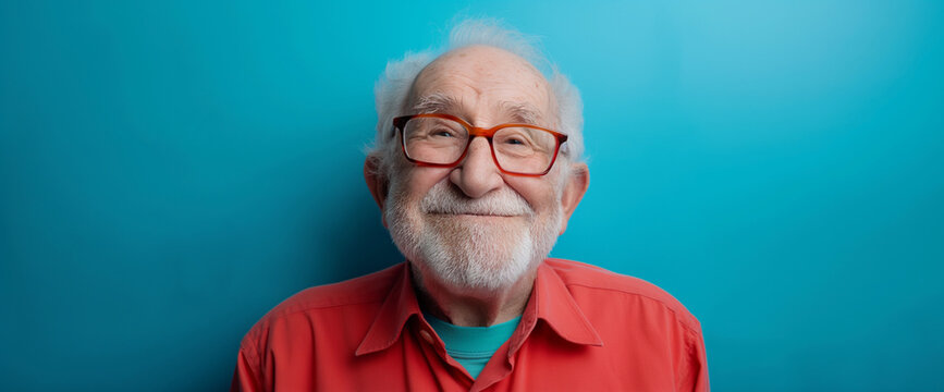 Studio portrait of elderly man with glasses, kind happy expression, blue background	