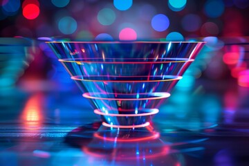 Digital Sales funnel, illuminated with navy blue, red, light green, showcasing impressive quality and lighting,