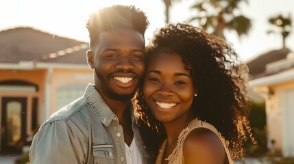 happy black couple in front of their new house, sunny, commercial photo, mortgage concept
