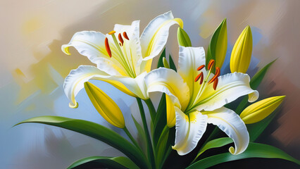 Oil painting with white lily flowers on beige background, palette knife strokes.