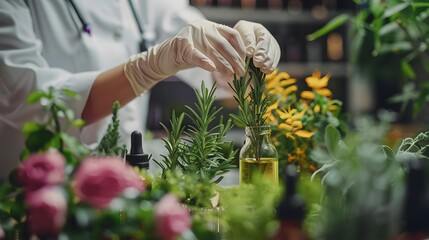 Chemistry Scientist Conducting Biotechnology Cosmetic Research with Natural Herb Medicine Ingredients in Biology Science Laboratory for Organic Bio