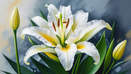 Oil painting with white lily flowers on beige background, palette knife strokes.