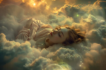 Serene woman reclined on a cloud, nestled in the celestial expanse, eyes gently closed, ethereal embrace of peaceful slumber. - obrazy, fototapety, plakaty