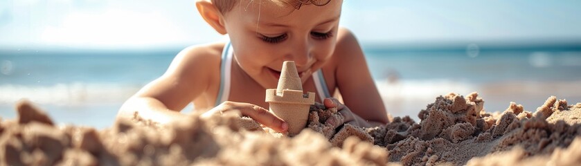 Building a sandcastle, hands-on detail, bright sunny day, closeup, joyful expression - obrazy, fototapety, plakaty