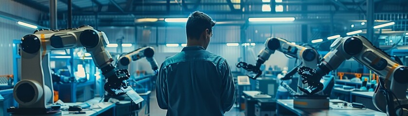 Engineers programming collaborative robots co bots in a smart factory, embodying the principles of Industry 5.0