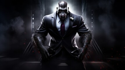 Fototapeta na wymiar Full-length shot of a gorilla, poised in a business suit against a dark background, blending the essence of power with a touch of mystery, Futuristic