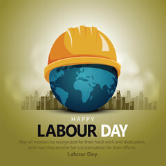 happy Labour day or international workers day vector illustration world map and safety cap. labor day and may day celebration design. - obrazy, fototapety, plakaty
