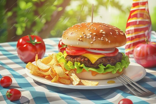 Picnic plate clipart with a burger and chips, picnic Summer fashion theme, 2D illustration