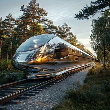 A train is seen traveling down the train tracks running parallel to a dense forest, surrounded by lush green trees