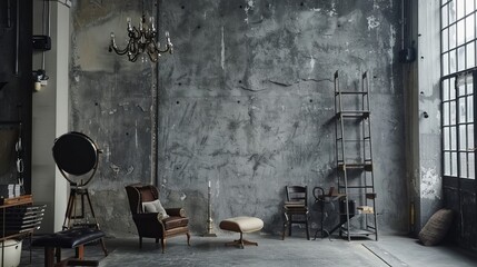 Industrial loft-style wall of rough cement, serving as the perfect grunge backdrop for showcasing products in a studio setting