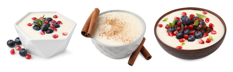 Set of cooked semolina porridge in bowls on white background