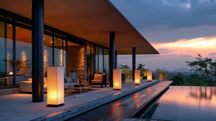 Luxury Modern Home Exterior at Sunset with Infinity Pool