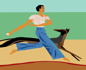 A stylized female figure is depicted running alongside a dog, conveying a sense of movement and energy. They appear to be on a track or path, with simplified blocks of color representing the surroundi - 780341517