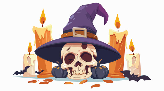 Halloween skull with hat of witch and candles flat vector