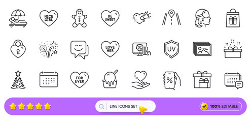 Be sweet, Hold heart and Ice cream line icons for web app. Pack of Sunbed, Delivery boxes, Message pictogram icons. Present box, Smile face, Fireworks signs. Calendar, Discounts app. Vector