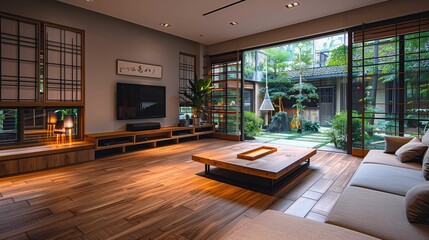 Modern Japanese Living Room With Garden View - obrazy, fototapety, plakaty