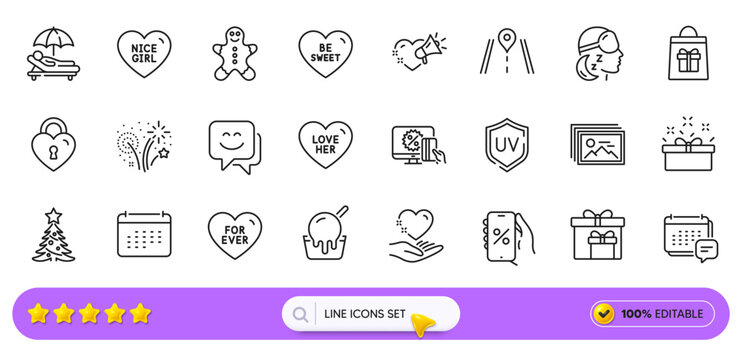Be sweet, Hold heart and Ice cream line icons for web app. Pack of Sunbed, Delivery boxes, Message pictogram icons. Present box, Smile face, Fireworks signs. Calendar, Discounts app. Vector
