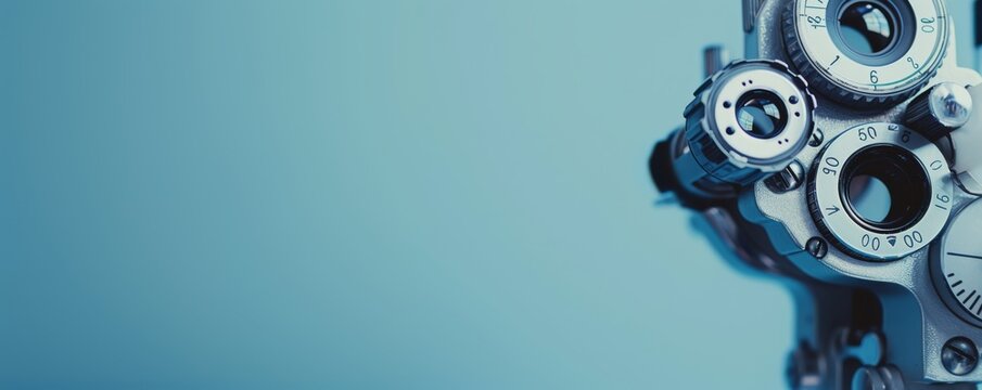 Close-up of an ophthalmology phoropter machine, a specialized tool used during eye vision tests in an optometrist's office banner. Ophthalmology Phoropter Equipment for Vision Testing