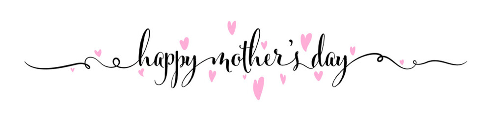 Happy Mother's Day handwritten lettering text with hand-drawn pink hearts. Mother's Day line art banner - 780342314