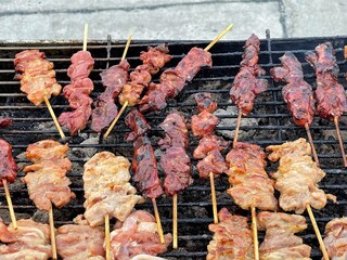 meat on the grill. Thailand treditionlal food, Thailand street food, pork are grill with sweet sauce.
