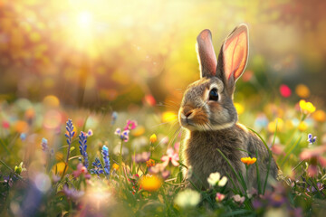 Fototapeta na wymiar Cute little rabbit in the flower meadow, beautiful sunlight, warm colors, happy and cheerful