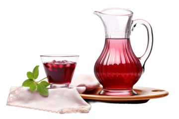 Red Liquid Pitcher Next to Glass of Tea. On a White or Clear Surface PNG Transparent Background.